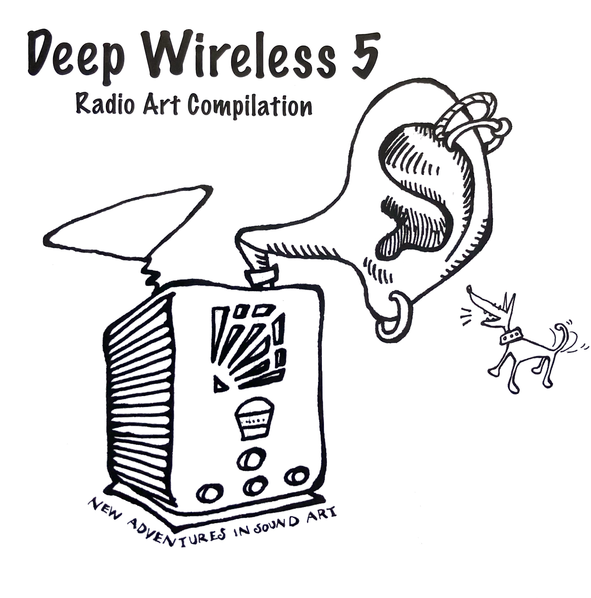 Cartoon drawing of dog barking into Ear with earring. Ear is in place of an attena coming out of an old radio.