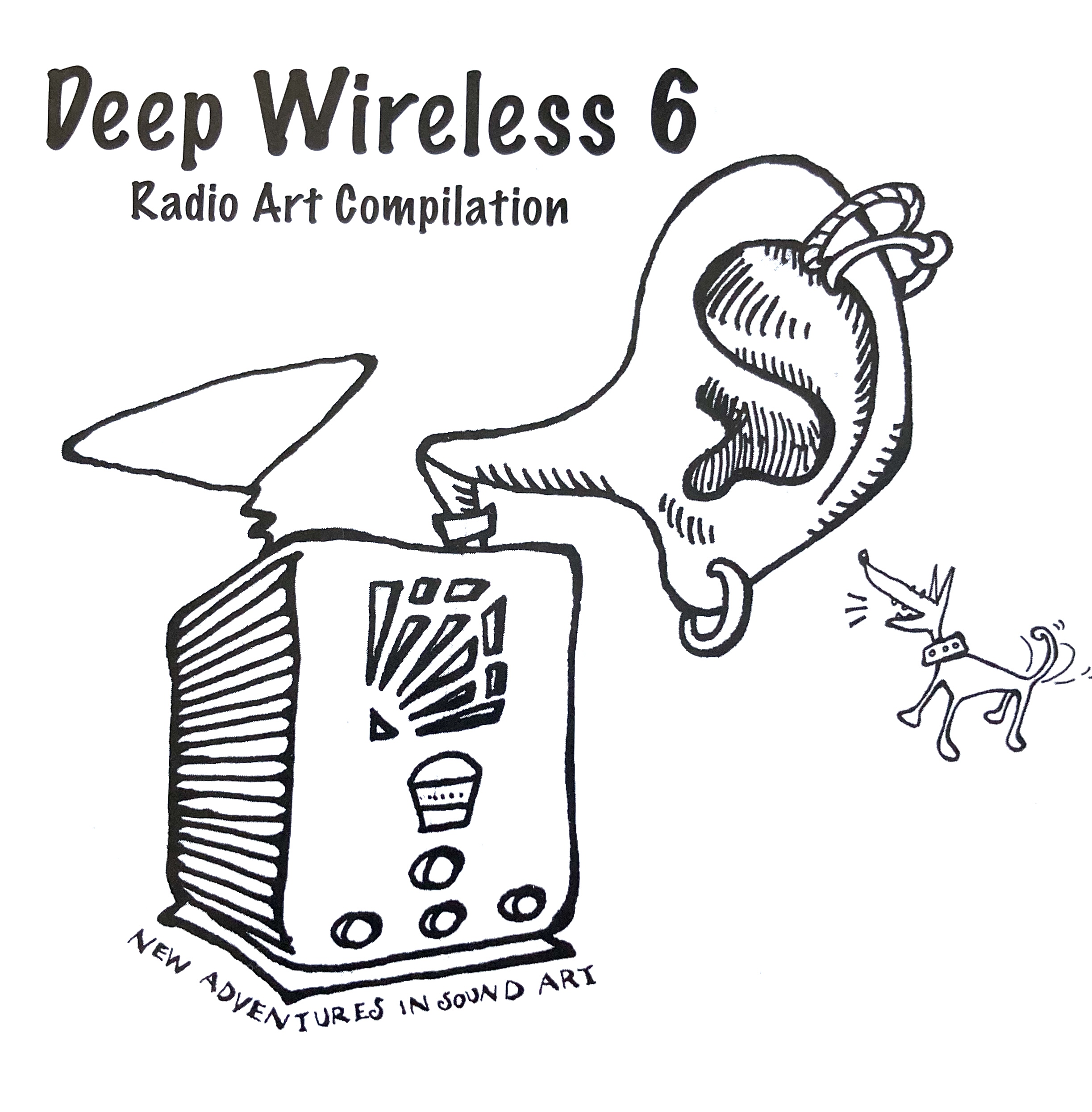Cartoon drawing of dog barking into Ear with earring. Ear is in place of an attena coming out of an old radio.